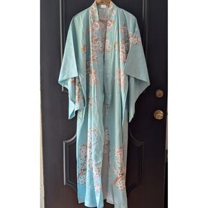 Vtg Ichiban Japanese Kimono Robe Light Blue Cherry Blossom Butterfly Japan